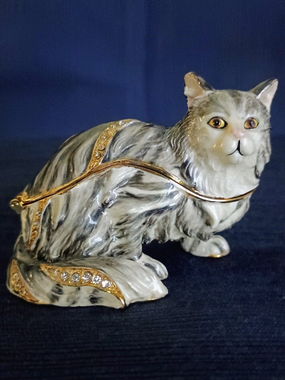 Grey Cat Jeweled Enameled Trinket Box
